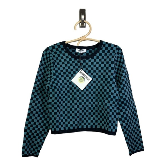Daydreamers Teal Green Black Checker Pullover Long Sleeve Sweater Size L NEW - Picture 3 of 15
